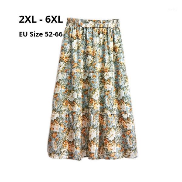 

fashion women plus size 6xl 5xl 4xl 3xl long skirts elastic high waist floral print chiffon skirt a line maxi skirt for mujers1, Black