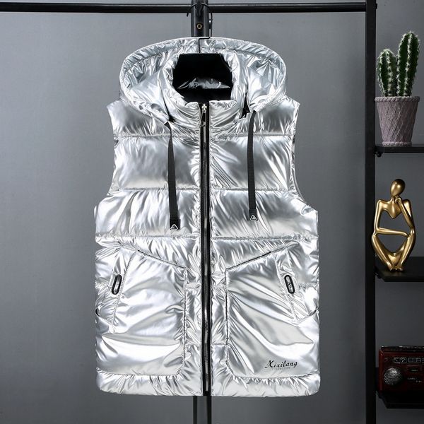 

2021 men's autumn shiny down cotton vest removable hat hood waistcoat warm sleeveless winter jacket zipper coat, Black;white