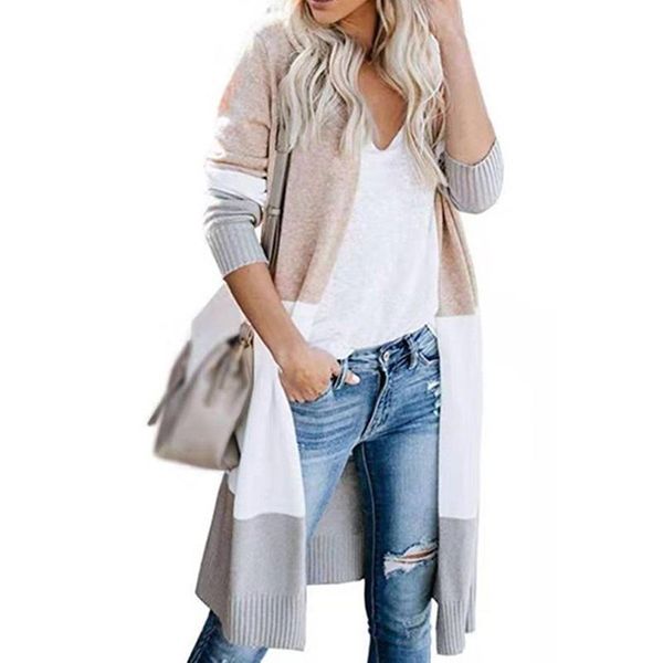 

2020 spring women sweater striped color block draped loose cardigan long sleeve casual knit sweater coat female plus size top, White