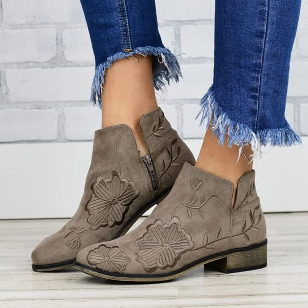 

2021 the new ankle boots for women printing zip flower low heels comfort women's shoes big size 43 v7sv, Black