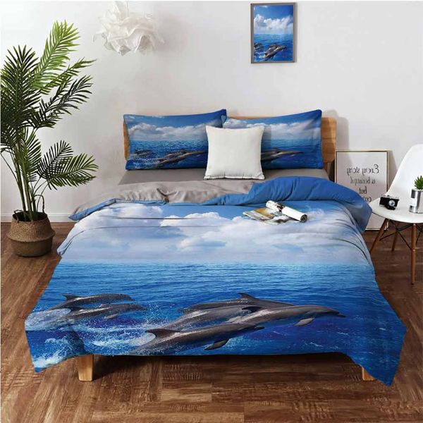 

dolphins jumping in clear sea and fluffy clouds in sky marine life pgraphbedding 3-piece set