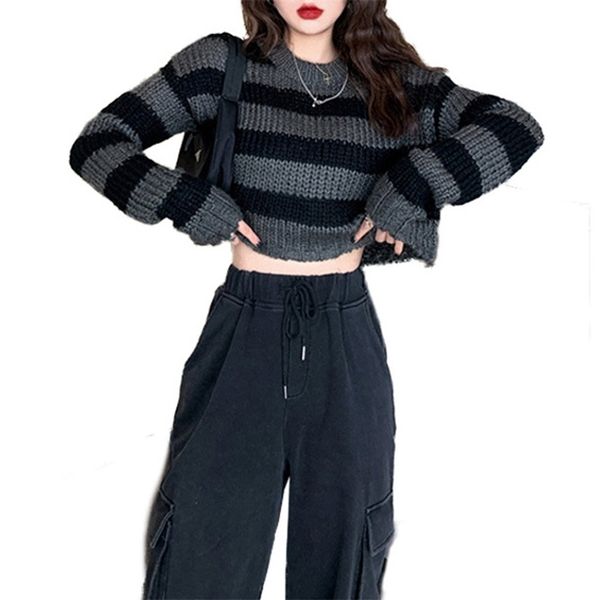 

rosetic pullovers striped short women sweater casual knitwear streetwear jumper gray black gothic knitted sweaters goth 201204, White;black