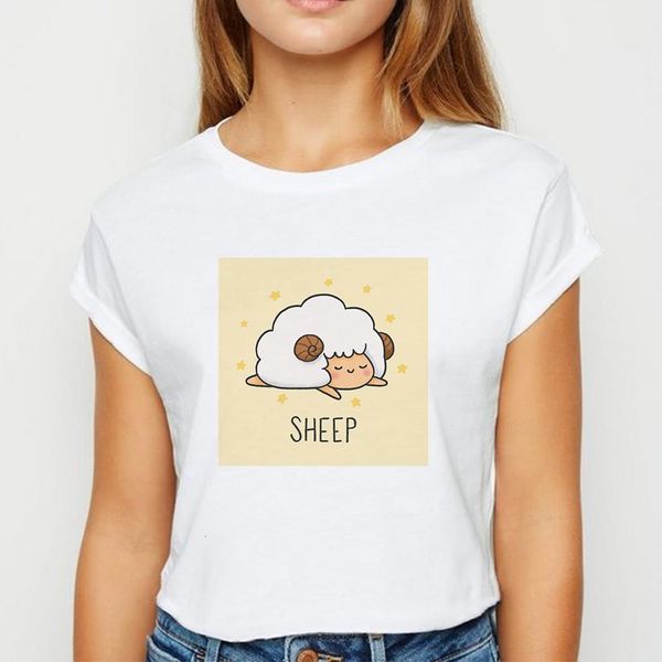 

animal sheep tshirt hipster young women spring summer t shirt harajuku casual cute printing tees loose o-neck t-shirt, White