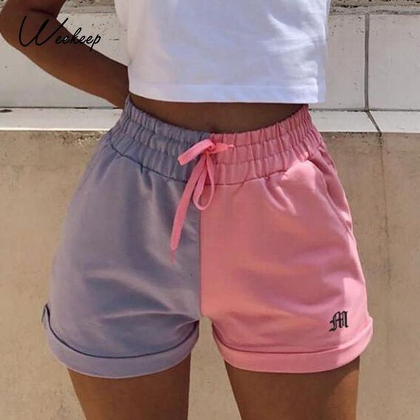 

contrast color patchwork casual shorts women summer high waist drawstring short sweatpants streetwear joggers shorts, White;black