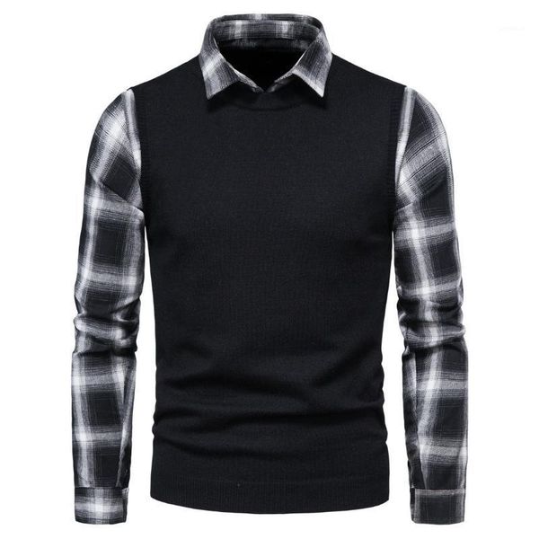 

sweater men 2020 new fashion casual men's black white plaid lapel shirt fake two bottoms slimming men's long-sleeved sweaters1, White;black