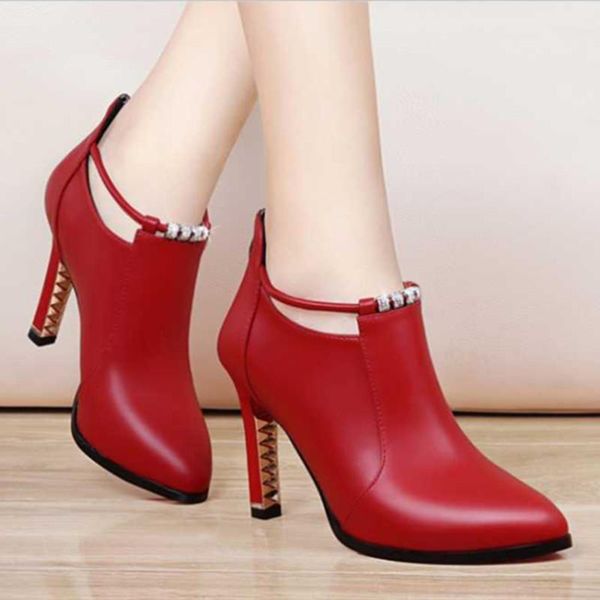 

cresfimix women fashion red high heel ankle boots lady casual black pu leather short autumn & winter boots a6029