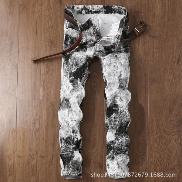 

new european and american trend fashion micro-bounce casual small pants men's white nightclub print jeans, Blue