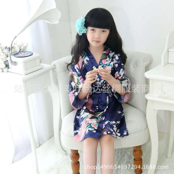 

peacock silk children's one piece kimono nightgown, Blue;red