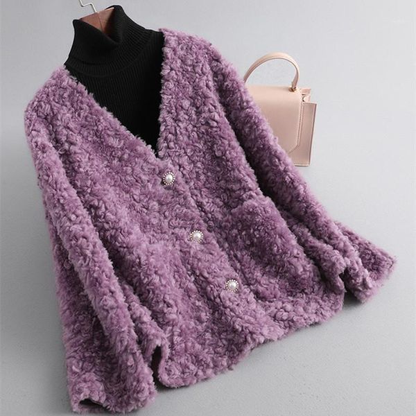 

new designer women's v-neck wool fur leather coat elegant jackets c7771, Black