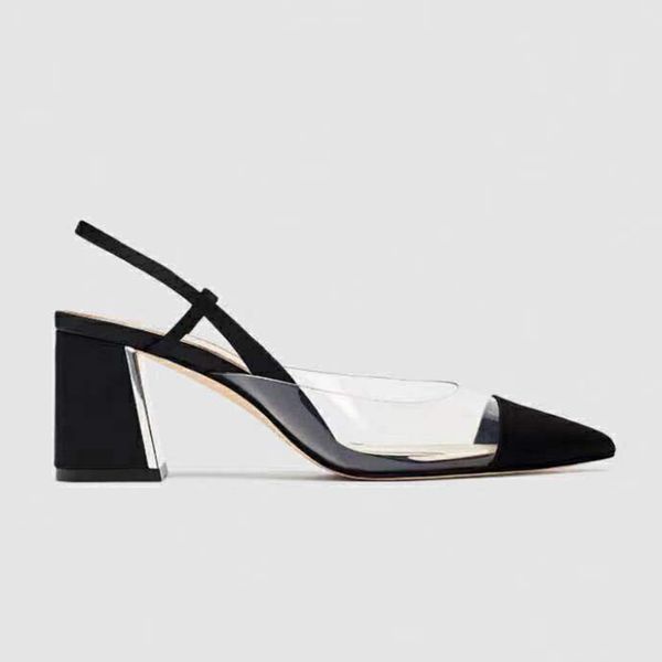 

2020 summer transparent perspex heels women sandals chunky heels women shoes pointed toe slingbacks shoes c0202, Black