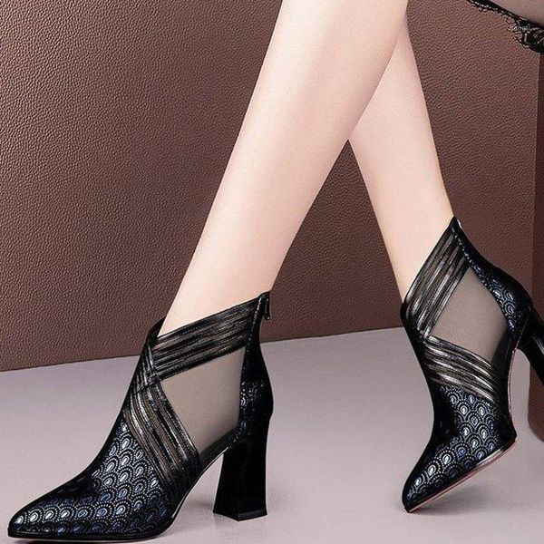 

boots 35-40 fashion solid mesh high heels pointed toe cross lines decoration ankle lady grace women ventilate blue/black1, Black