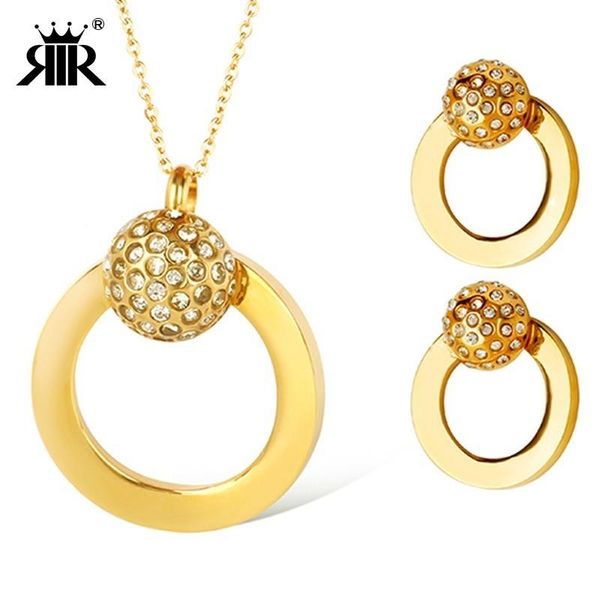 

RIR Fashion Cubic Zirconia Round Necklace With Earring Stainless Steel Crystal Pendant And Stud Earrings For bride Jewelry Sets, Silver