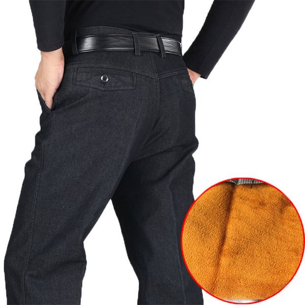 

30-44 winter thick fleece denim pants casual high waist loose long pants male solid straight baggy jeans for men classic hlx03 201111, Blue