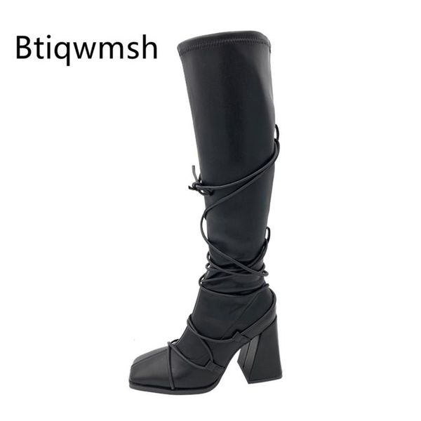 

boots 2021 bandage knee women square toe strange high heel female stretch long, Black