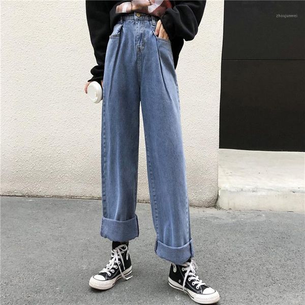 

wide leg pants jeans loose vintage woman autumn bleached casual boyfriend curl denim oversized high waist jeans pockets v9721, Blue