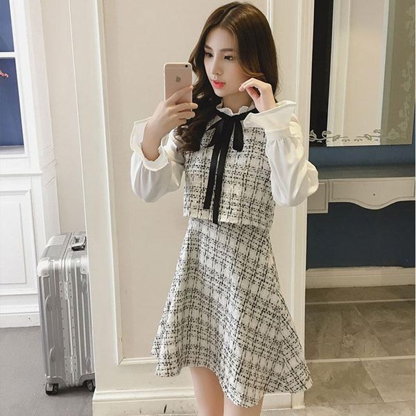 

women's tracksuits 2021winter women chic elegant runway dress bow tie stand collar tweed long sleeve patchwork plaid, Gray