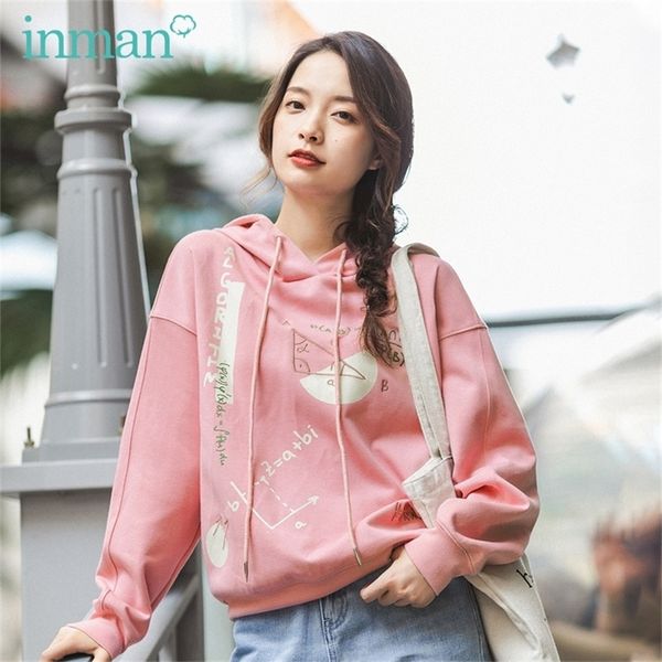 

inman spring new arrival literary funny geometry pattern printed dropped shoulder sleeve hoodie short fleece 201216, Black
