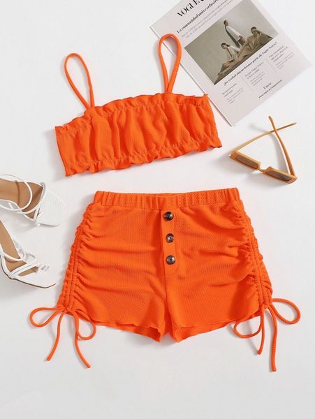 

neon orange frilled trim cami & knotted shorts set 010t#, White