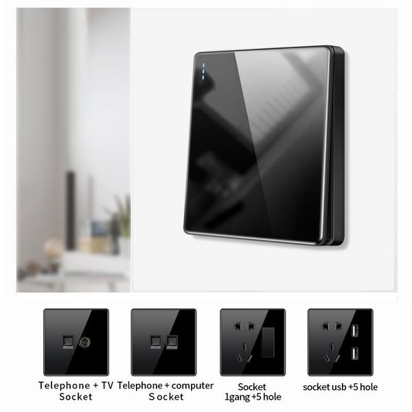 

kamanni luxury light switch general standard crystal tempered glass 2gang 2 way switch black power push botton light 220v1
