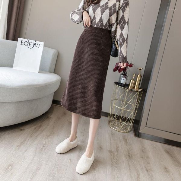 

women 2021 autumn winter fashion vintage corduroy midi skirt female high waist slim skirt ladies casual all-match skirts a4771, Black