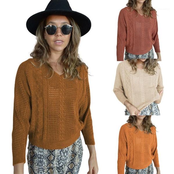 

women autumn long sleeve sweater v-neck hollow out crochet knit loose d08e1, White;black