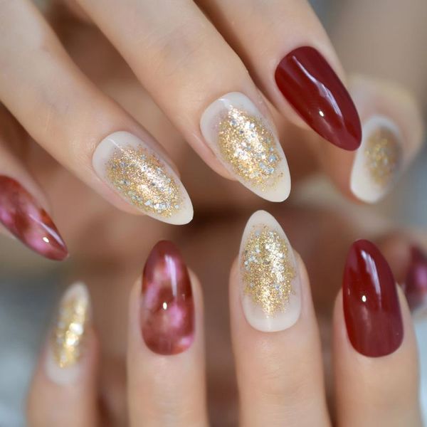 

false nails red marble stiletto 24pcs amlond sharp shimmer gold glitter nail tips for office home faux ongle sticker, Red;gold