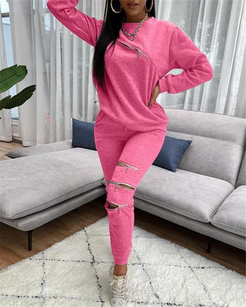 

women's tracksuits chronstyle sportwear zipper hole hollow out sweatshirt set jogger long pants tracksuit 2 pieces fitness outfits, Gray