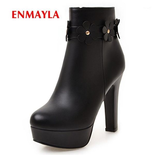 

enmayla 2020 boots women comfortable fleeces pointed toe platform boot high heel ankle boots lady zip flower zyl5521, Black