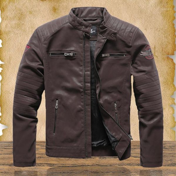 

2020 new men retro leather jackets men's stand collar pu motorcycle jacket male winter warm zipper biker coats outerwears man1, Black