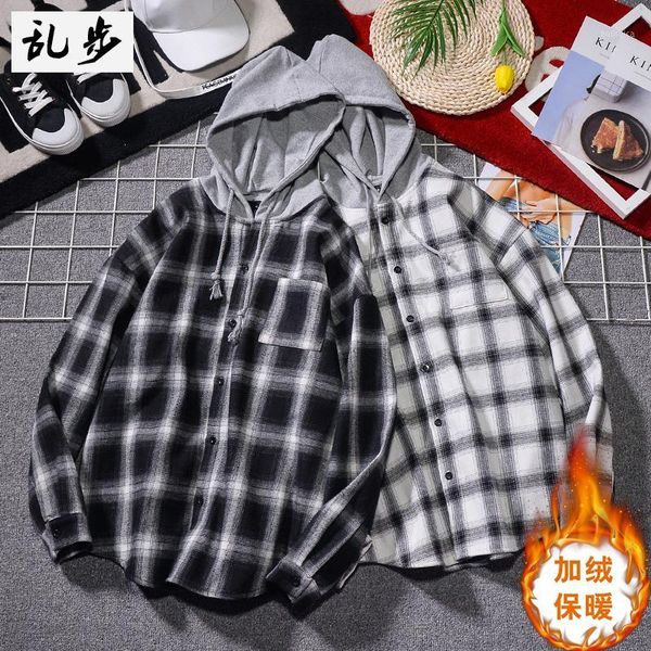 

winter white hooded men shirt lattice thicken button loose shirt men long sleeve casual vintage autumn mens coat bb60ncs1, White;black