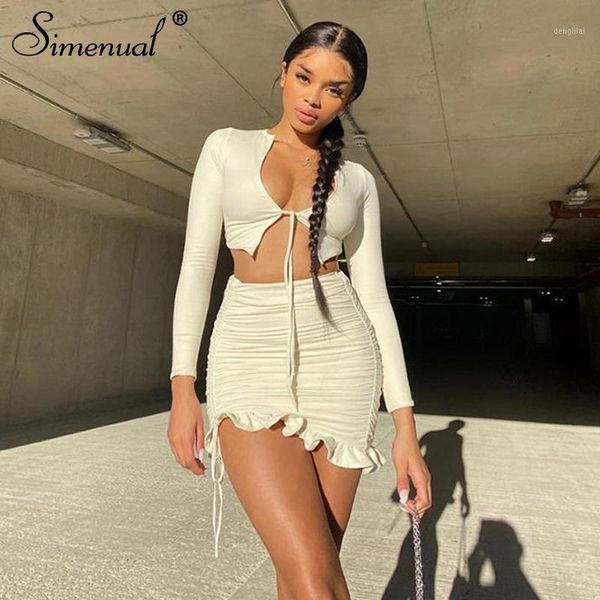 

simenual ruffles ruched drawstring club women matching sets long sleeve party skinny v neck and skirts 2 piece outfits1, Gray