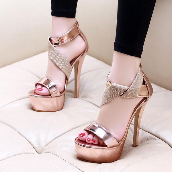 

t stage show ankle strap heels platform sandals party shoes for women wedding pumps 15cm high heels party sandals, Black