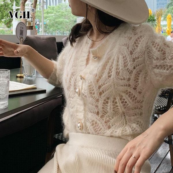 

vgh elegant patchwork pearl sweater for women o neck long sleeve korean knitted cardigans female fashion clothing 2021 fall new, White