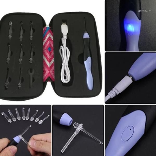 

led crochet hooks set 9 in 1 usb rehargeable light up needles hand weave sewing tools ti991, Black