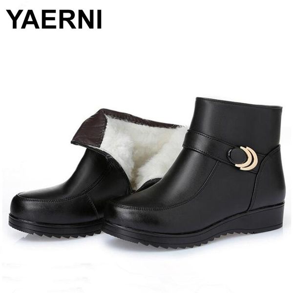 

boots yaerni cowhide wool women snow 2021 plus velvet middle-age shoes winter e630, Black