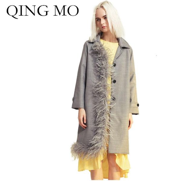 

qing mo grey women irregular coat 2020 women winter windbreaker coat with detachable feather streetwear loose zqy2180, Tan;black
