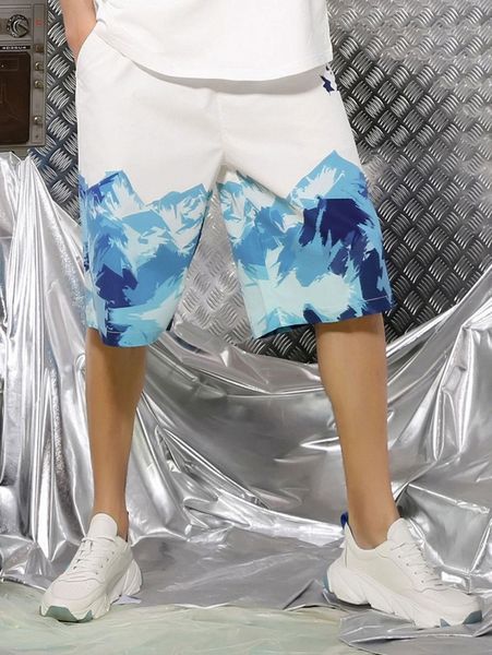 

men slant pocket mountain print shorts q3ii#, Black