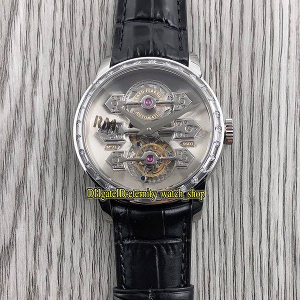 

2022 rmf 99193b53a000-ba6a real tourbillon automatic mens watch skeleton dial stainless steel case diamonds bezel sapphire leather super edi, Slivery;brown