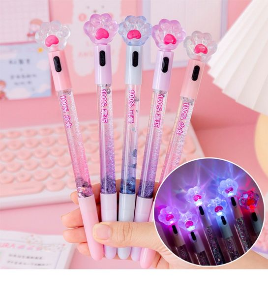 Canetas bonitos do gato rollerball com luz LED Twinkling Papelaria Preto Kawaii School Material Gel Tinta Pen Office Fornecedores Presentes 0870