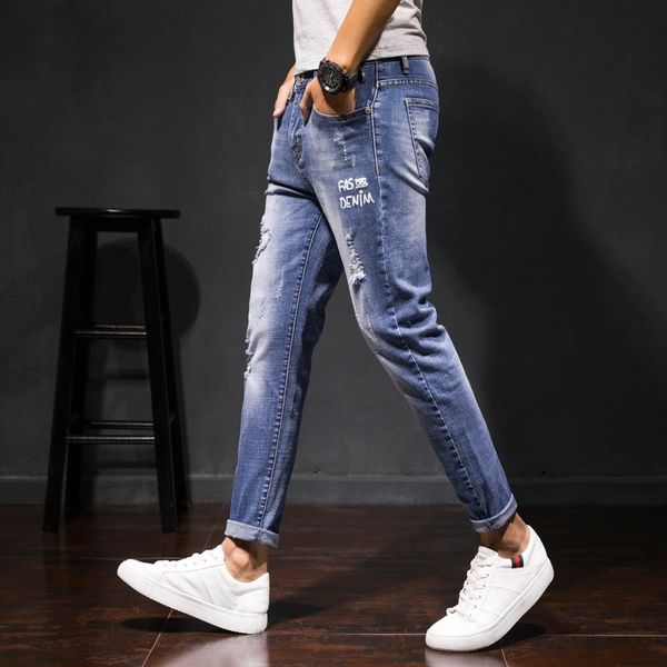 

xb9oq elastic hole men's nine point korean straight tube slim trend 6tc11 thin jeans youth spring and summer and pants men jeans, Blue