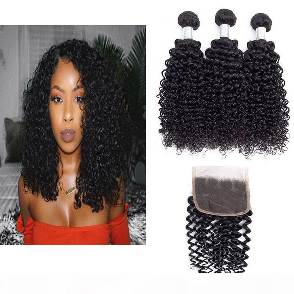 

dilys curly wave hair bundles with 4x4 hair closure part brazilian indian virgin human hair extensions natural color 8-28 inches, Black