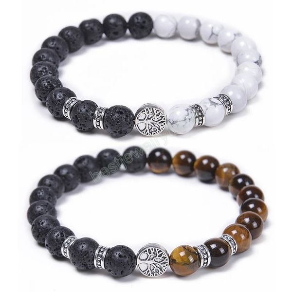 

natural tiger eye stone bracelet tree of life pendant bracelets lave rock beads bracelet braided rope bangles jewelry, Golden;silver
