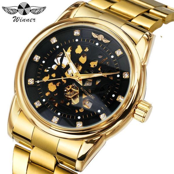 

winner business automatic mechanical mens watches rhinestone skeleton dial steel strap golden watch men 20201, Slivery;brown