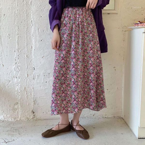 

vintage floral print ruffle chiffon purple pleated long skirts women korean skirt streetwear drawstring elastic waist midi skirt1, Black