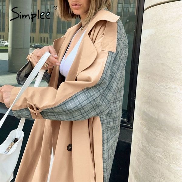 Simplee Casual Revers Frauen Trenchcoat Zweireiher Nähte Plaid Weibliche Lange Gräben High Street Stil Damen Mäntel 201124