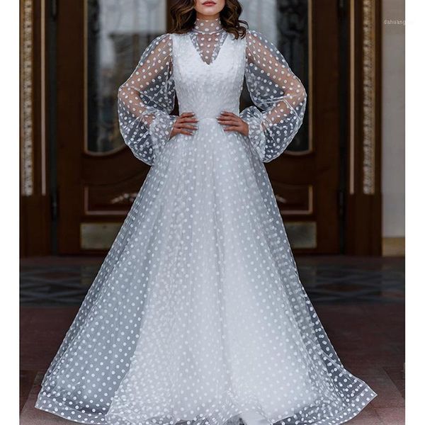 

ordi2020 summer women long tulle dress long sleeve see through white polka dot maxi party dress1, Black;gray