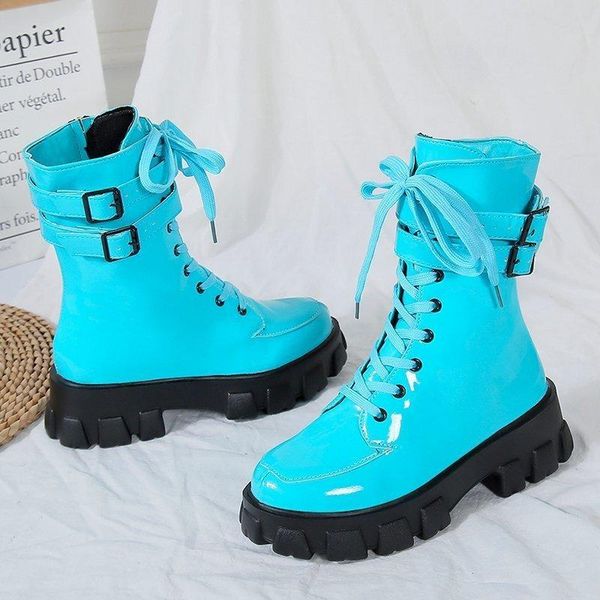 

2020 winter new patent leather ankle boots women fashion double buckle platform casual boots woman warm zipper botas mujer, Black