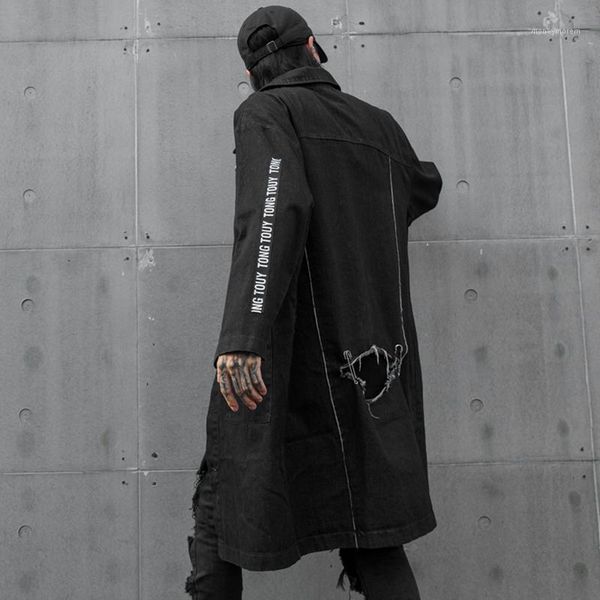 

men's trench coats extra long denim coat men loose black color ripped hole punk hip 2021 autumn winter1, Tan;black