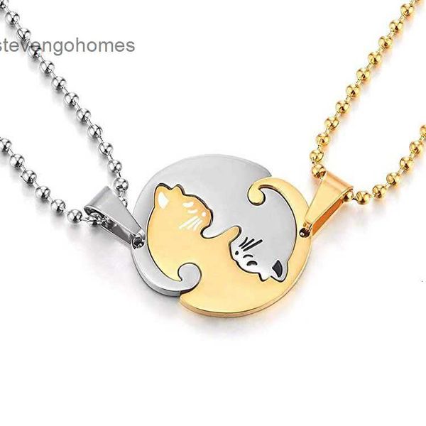 

stitched stainless steel love necklace embraces lovers simple cat pendant, Silver