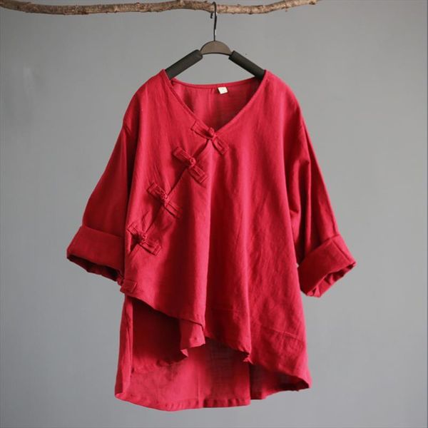 

women shirts 2021 autumn new casual blouses nine sleeve v neck button loose vintage cotton chinese style irregular, White